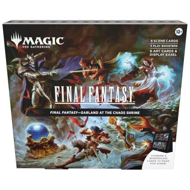 Imagem de Magic: The Gathering - Caixa Final Fantasy Scene - Guirlanda no Santuário do Caos | 6 cartas de cena sem bordas metálicas, 6 cartas de arte, 3 boosters de jogo + 1 cavalete de exibição