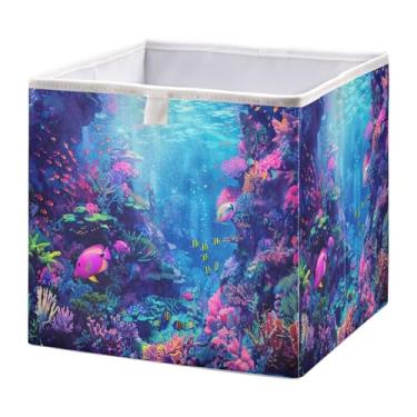 Imagem de SEHANY Cesto de armazenamento dobrável de peixes marinhos coloridos, grande e dobrável, organizador de tecido, cestas de armazenamento para roupas, brinquedos, livros, armário, berçário, 28 x 28 x 28