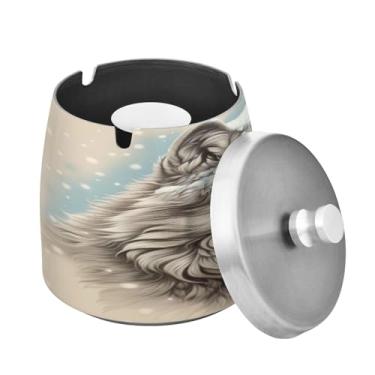 Imagem de Blueangle Cinzeiro de lobo branco com tampa para cigarros, à prova de vento/chuva, aço inoxidável, sem fumaça, inodoro, cinzeiro para uso interno ou externo (237)