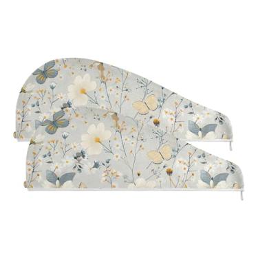 Imagem de SEHANY Toalha de cabelo de microfibra de flores coloridas elegantes para mulheres, 2 peças, turbantes de cabelo de secagem rápida com botão, touca de cabelo seco absorvente toalha de secagem de cabelo