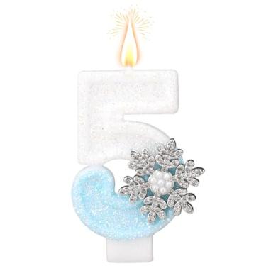 Imagem de Vela de Aniversário com Tema de Neve, Velas com Números Brilhantes Em Azul e Branco Toppers Bolo Estilo Inverno para Aniversários Comemorações Suprimentos para Festas Decoração (Número 5)