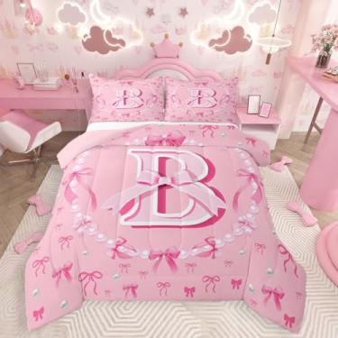 Imagem de Feelyou Jogo de cama kawaii, com laço rosa, macio, para crianças, meninas, conjunto de edredom com inicial B, edredom fofo, nó de coquete, decoração de quarto, monograma, 2 peças com 1 fronha