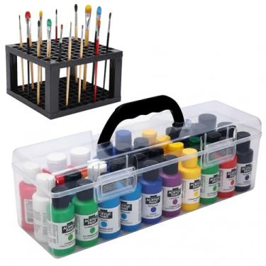 Imagem de Mowhut Organizador de tinta acrílica e suporte de pincel, caixa de armazenamento de artesanato com alça, suporte de escova para garrafas de suprimento de arte, organizador transparente com capacidade