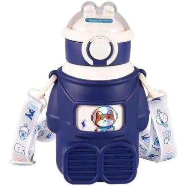 Imagem de Garrafa Térmica Infantil Astronauta 480ml – Inox, Com Canudo, Alça e Adesivos – Antivazamento, Escolar, Cores Sortidas