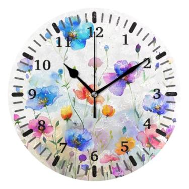 Imagem de CEBUGI 1 relógio de parede de flores silvestres 1 relógio redondo operado por bateria relógios de parede silenciosos sem tique-taque para cozinha, banheiro, quarto, escritório, decoração 25,4 cm