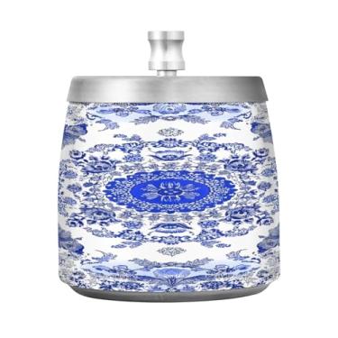 Imagem de Wassud Cinzeiro para cigarros, interior, exterior, azul e branco, porcelana, floral, cinzeiro, com tampa, aço inoxidável, à prova de vento, inodoro, mesa, cinzeiro, casa, escritório, pátio, varanda