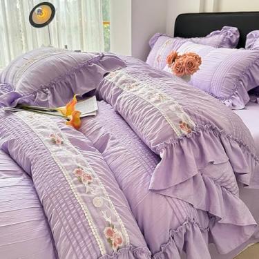 Imagem de XLCZMYL Jogo de cama de casamento com babados de renda estilo princesa Seersucker conjunto de capa de edredom macio de algodão lavado conjunto de lençol 3/4 peças, lavanda roxo, cama de 1,8 m, lençol