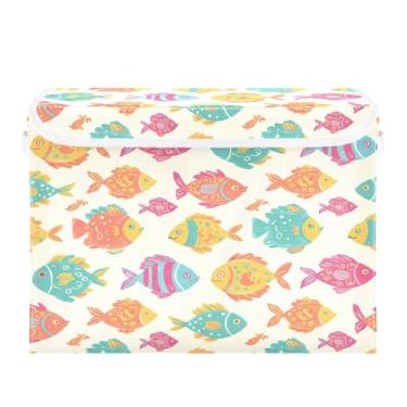 Imagem de Wassud Cestos de armazenamento dobráveis com tampas, cestas organizadoras de tecido dobrável de peixe colorido para armário, casa e decoração sazonal 41,5 x 32,5 x 39 cm