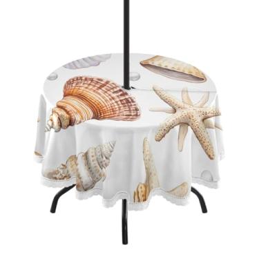 Imagem de CEBUGI Toalha de mesa redonda para uso externo com padrão de concha impermeável com orifício Umberlla, capa de mesa lavável para pátio, cozinha, sala de jantar 152 cm