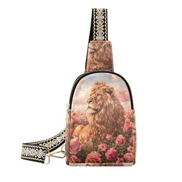 Imagem de CEBUGI Bolsa tiracolo feminina Lion Rose pequena de couro, pochete transversal para trilhas, viagens ao ar livre