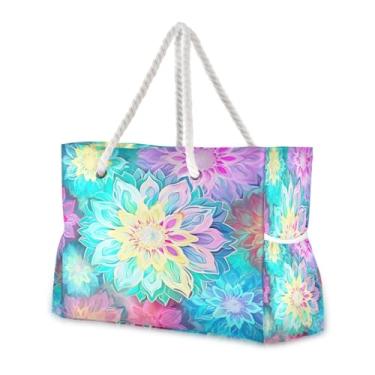 Imagem de Wassud Bolsa de praia colorida mandala grande bolsa de praia para mulheres, impermeável, à prova de areia, bolsa de viagem com zíper e bolso para piscina academia acampamento