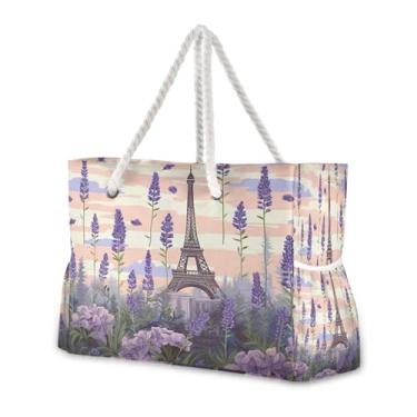 Imagem de Wassud Bolsa de praia Torre Eiffel lavanda grande bolsa de praia para mulheres, à prova d'água, à prova de areia, bolsa de viagem com zíper e bolso para piscina, academia, acampamento