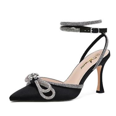 Imagem de Athlefit Sandália feminina de salto alto com laço de strass e tira no tornozelo, bico fino, salto agulha, Preto, 36