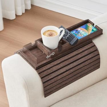 Imagem de GEHE Suporte de copo de sofá removível, bandeja de braço de sofá antiqueda, suporte de copo de sofá de bambu natural mais seguro para sua família, bandeja de braço portátil para sofá, mesa de apoio de