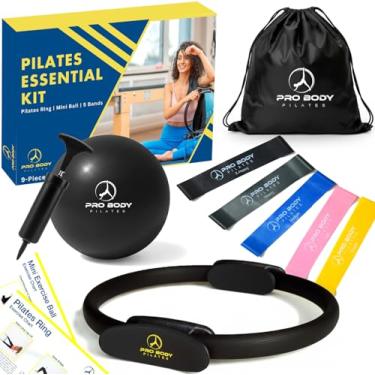 Imagem de ProBody Pilates Conjunto de equipamentos - Anel de Pilates de 35,5 cm, bola de exercício de 23,5 cm, 5 faixas de resistência, bomba, guias de treinamento e bolsa de armazenamento para força central