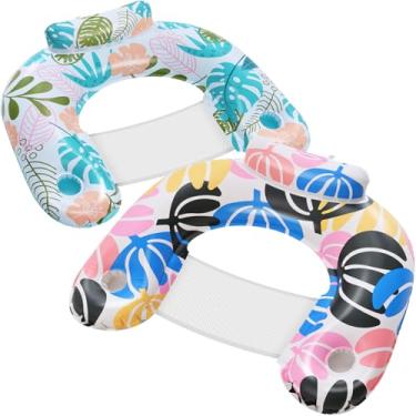 Imagem de ANNIL 【Pacote com 2】 Cadeira inflável de piscina para adultos, cadeira flutuante inflável para lazer aquático, suporte de bebida, encosto de cabeça ergonômico, boias de piscina para adultos, festa na