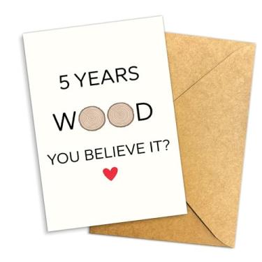 Imagem de Podagree Cartão comemorativo 5 Years Wood You Believe It, trocadilho engraçado de madeira com envelope Kraft, cartão romântico fofo de 5º aniversário para casais – 20 x 13 cm com envelope