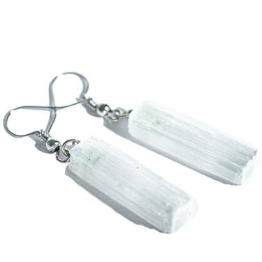 Imagem de Brinco Selenita Canudo Pedra Bruta Natural Anzol Prateado