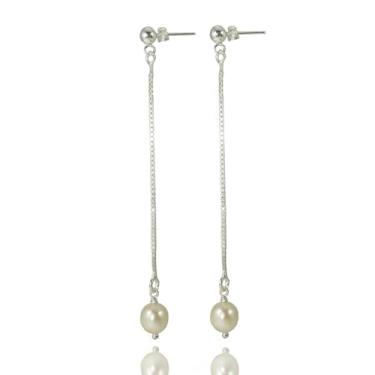 Imagem de Brinco Perola Natural Longo Veneziana Bolinha Prata Lei 925