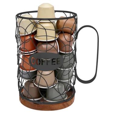 Imagem de KHZSPP Suporte de cápsulas de café para balcão, suporte de cápsula de café expresso com base de madeira para 50 cápsulas, cesta de armazenamento de café preta ou dourada para bancada de cozinha