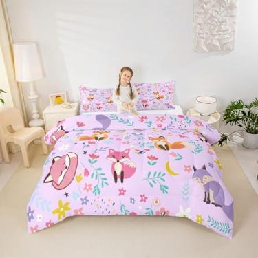 Imagem de Conjunto de edredom solteiro de raposa de desenho animado, flores botânicas, folhas, coleção de cama macia, estampa de lua de desenho animado, roxo, para decoração de quarto de meninos e meninas, 2