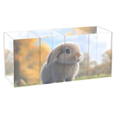 Imagem de TSENQUE Adorável suporte de lápis de mesa verde de coelho fofo e divertido para canetas, pincel de maquiagem de acrílico, porta-copos