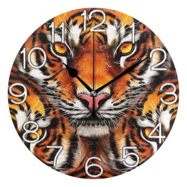 Imagem de GAIGEO Relógio de parede analógico decorativo quarto cozinha relógio redondo sem tique-taque silencioso, sala de estar, decoração de parede moderna, estampa de animal tigre laranja legal, 25 cm