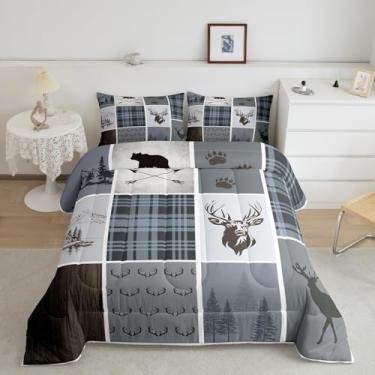 Imagem de Feelyou Conjunto de cama rústico de cervo de cabana, tamanho casal, caçando, campo, fazenda, para meninos, meninas, adolescentes, capa de edredom azul claro, respirável, macio e leve de microfibra