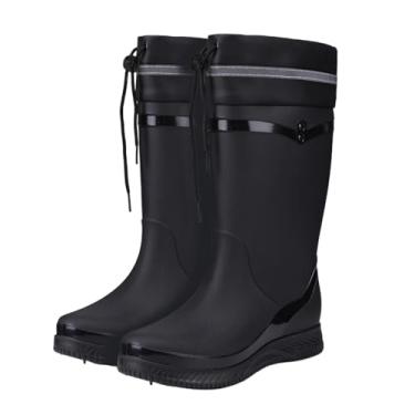 Imagem de Botas de chuva femininas modernas com cordão longo de lã à prova d'água casual confortável exterior interior PVC superior, Preto, 34