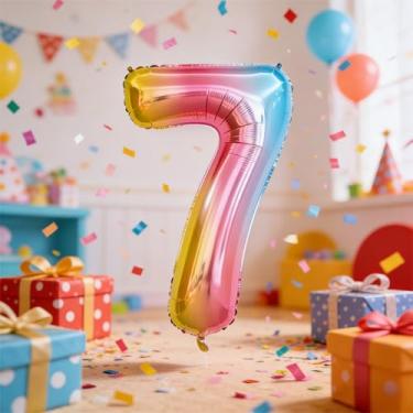 Imagem de Balão grande número 7 de 101 cm | Balão de folha de Mylar arco-íris para casamento, aniversário, formatura, decorações de aposentadoria | Artigos de festa cheios de ar para celebração de adultos