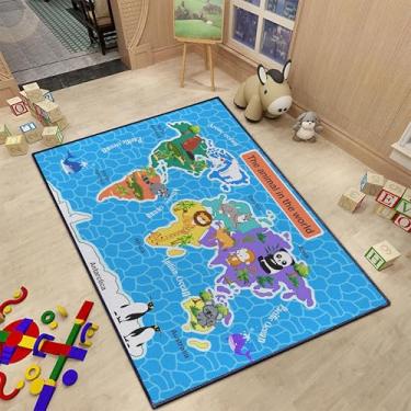 Imagem de Tapete grande com mapa-múndi com contagem de lúpulo, tapete para quarto de crianças, tapete educacional The Animal in the World, tapete de aprendizagem de crianças, sala de jogos, quarto de meninos e