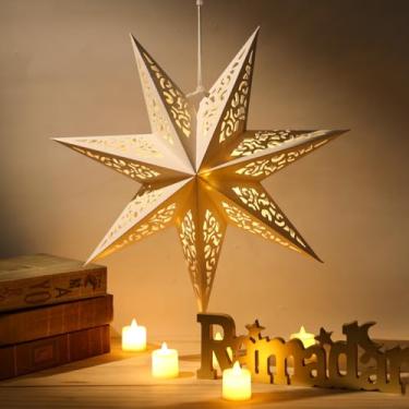 Imagem de 1 pacote com lanterna de estrela de papel 3D de 35,5 cm, abajur grande de Natal branco, abajur vazado de 7 pontas, pingente para decoração de Natal, Ano Novo, casamento, festa de aniversário