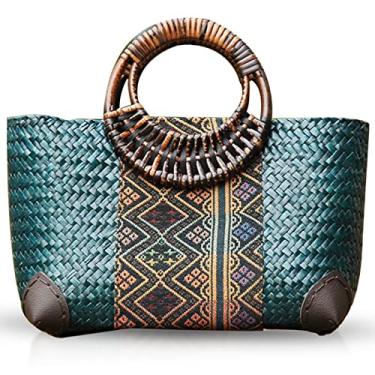 Imagem de QTKJ Bolsa de praia para mulheres, sacola de vime feita à mão, alça redonda de bambu, bolsa de tecido de palha com padrão retrô, bolsa grande de férias de verão na praia (azul), Azul, Large