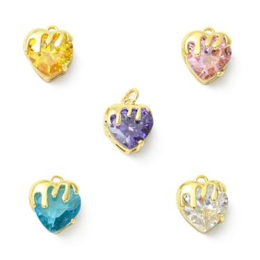 Imagem de KitBeads 5 peças, 5 cores, zircônia, latão, coração, berloques glolden, zircão, amuleto em forma de coração para artesanato e acessórios DIY