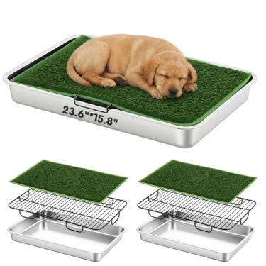 Imagem de Shimeyao 6 peças de almofada de grama para cães com bandeja inclui 2 bandejas de aço inoxidável de 60 cm x 40 cm, 2 tapetes de grama artificial e grades de suporte estável, vaso sanitário portátil
