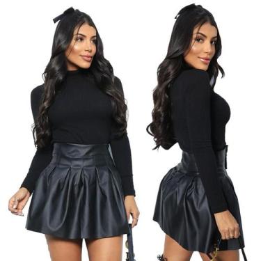 Imagem de Saia Couro Preta Plissada Zíper Blogueira Festa Balada Luxo Premium - 
