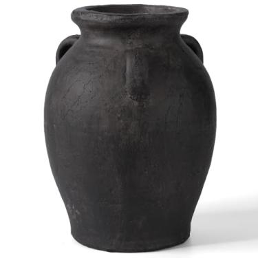 Imagem de Vasos de cerâmica rústicos pretos foscos, vasos de terracota envelhecidos feitos à mão de 24 cm A com 3 orelhas, vaso decorativo grande de cerâmica de fazenda, decoração de casa para mesa, lareira