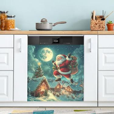 Imagem de xigua Capa magnética de Papai Noel de Natal, adesivos magnéticos decorativos antiarranhões para painel de geladeira e lava-louças, decoração personalizada de cozinha doméstica 58 x 66 cm