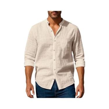 Imagem de Camisa Masculina Slim Fit De Algodão E Linho Com Gola Henley, Leve, Re