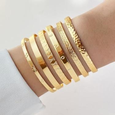 Imagem de Pulseira feminina banhada a ouro 14 quilates / prata multicamadas conjunto moderno boho texturizado indiano punk cabo grosso pulseiras lisas elegância pilha minimalista joia presente, One Size, Metal