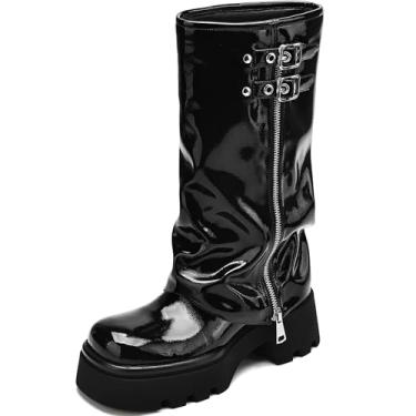 Imagem de TEAIEUI Botas femininas dobráveis, plissadas, largas, de panturrilha, plataforma grossa, adequadas para andar de moto rave, uso casual, Couro envernizado preto, 41