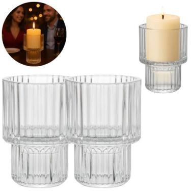 Imagem de 2 Castiçais de Vidro Enfeite 7cm Porta Vela P/Mesa Decoração - Impo