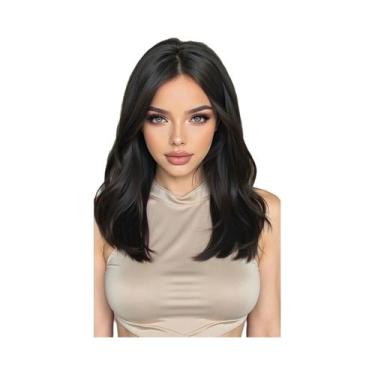 Imagem de Peruca Natural Ondulada De Comprimento Médio Com Mechas Loiro E Castan