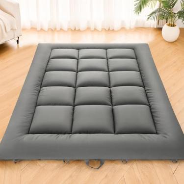 Imagem de DOWNSTORIA Colchão de chão japonês, colchão de futon dobrável, tapete de tatame com alça, almofada de dormir de dormitório dobrável para acampamento, cama de quarto de hóspedes, tamanho casal, cinza