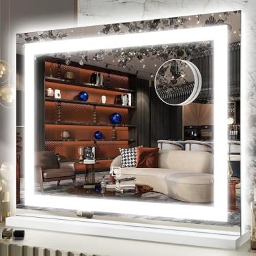 Imagem de FENNIO Espelho de maquiagem de 56 x 50 cm com luzes, espelho de maquiagem de LED, espelho de Hollywood com 3 modos de cor e brilho ajustável, espelho quadrado branco