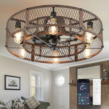 Imagem de BvenuBigLite Ventiladores de teto enjaulados com luz: Ventilador de teto de montagem embutida de 66 cm com luz e controle remoto - Ventiladores de teto rústicos com luzes para fazenda cozinha quarto