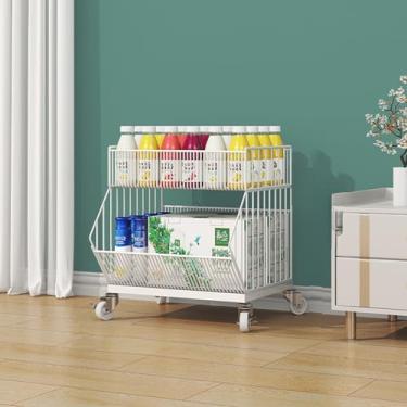 Imagem de Cestas empilháveis de armazenamento de arame grandes com rodas - Suporte de exibição móvel de 2 a 5 camadas para lanche de supermercado, ideal para organizar batatas fritas, frutas, vegetais e doces