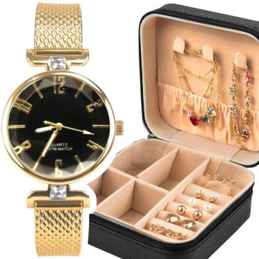 Imagem de Relogio Dourado Banhado + Pulseira + Porta Joia + Colar Prova Dagua  Casual Presente Social