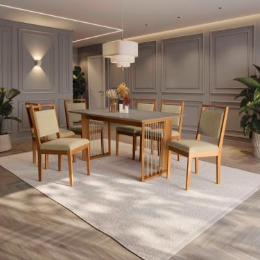 Imagem de Conjunto Sala De Jantar Lina Em Madeira Maciça 6 Cadeiras Boucle Bege