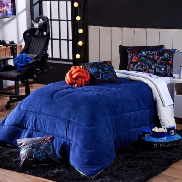 Imagem de Kit Coberdrom Cobertor Solteiro Game Win Azul Marinho Dupla Face Com Almofadas 04 Peças - Sherpa E Mantinha Microfibra